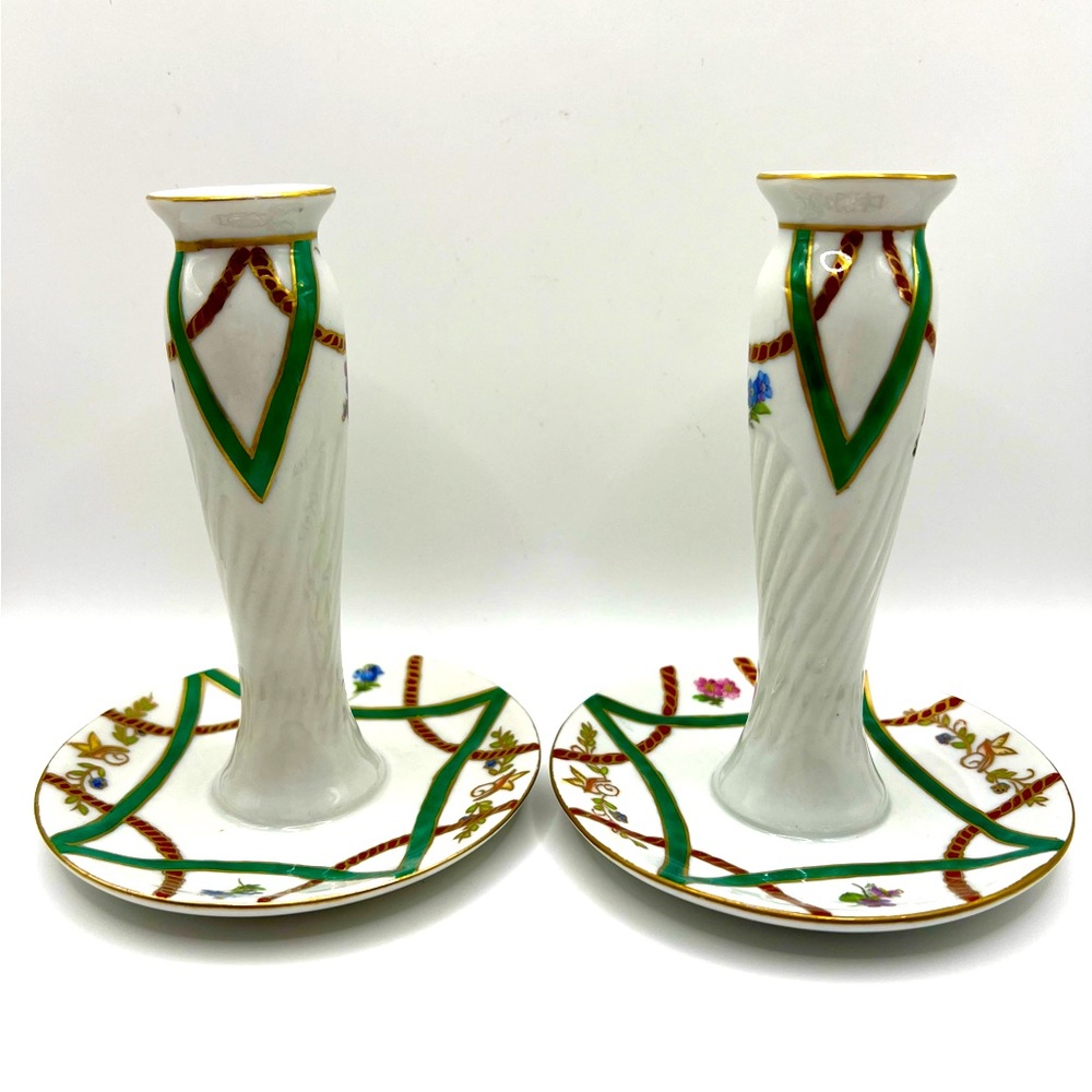 Set of 2 VTG Elios Handpainted Porcelain Candlestick Holders Flowers Italy 5.5"